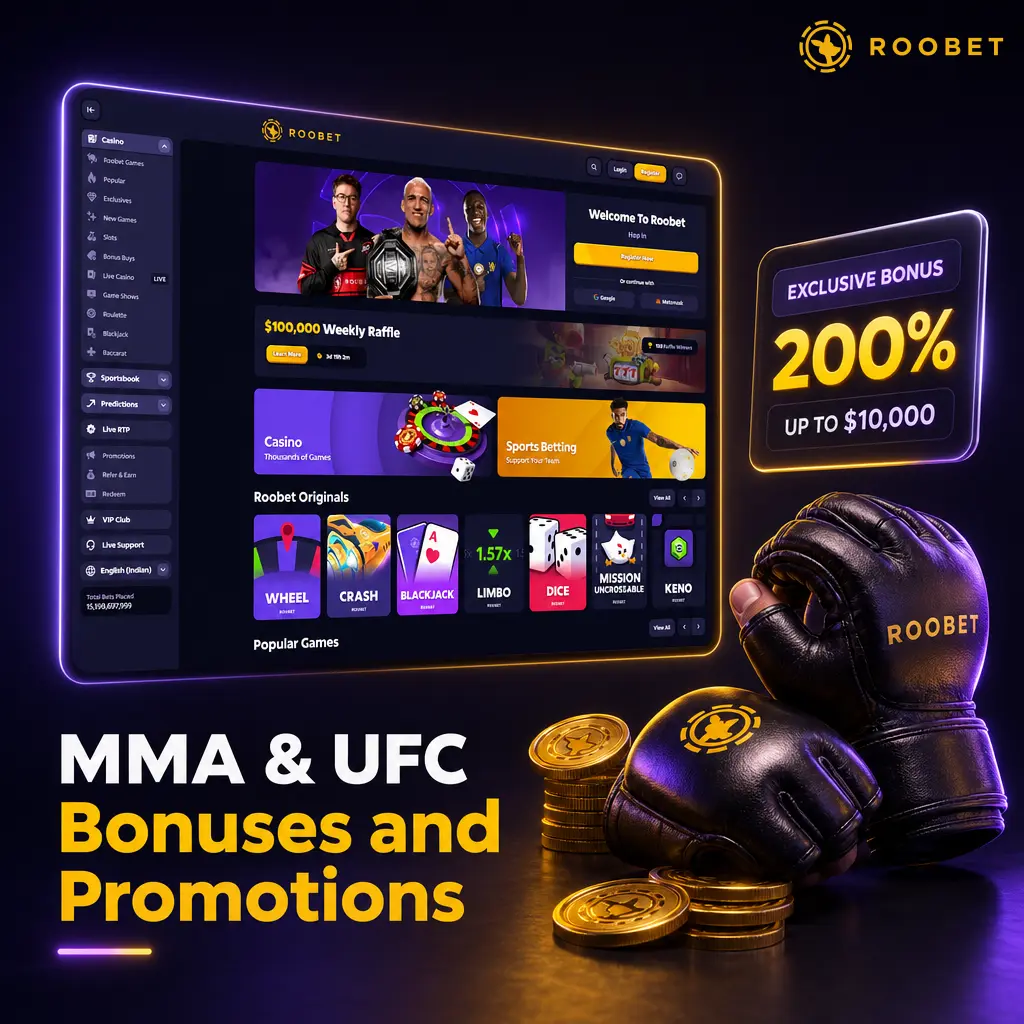 Roobet MMA and UFC bonuses: welcome deposit offer, boosted fight night odds, and tiered Rewards rakeback from Bronze to Radiant.