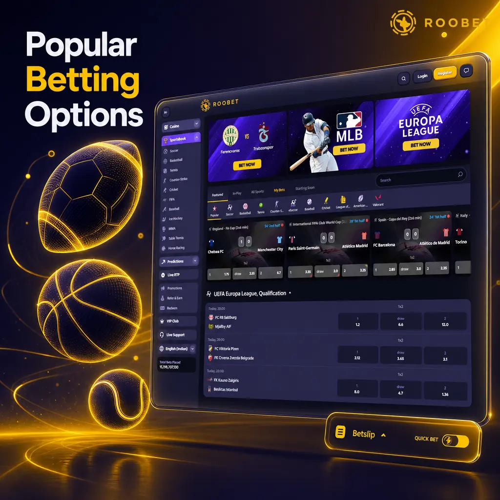 Bet slip showing popular betting options: Match Winner, Over/Under Totals, and Handicap Betting across cricket, football, and esports