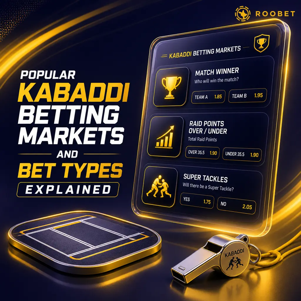 Popular Kabaddi betting markets on Roobet: match winner, total points, raid points, tackle points, super tackles, and first to 10 points.