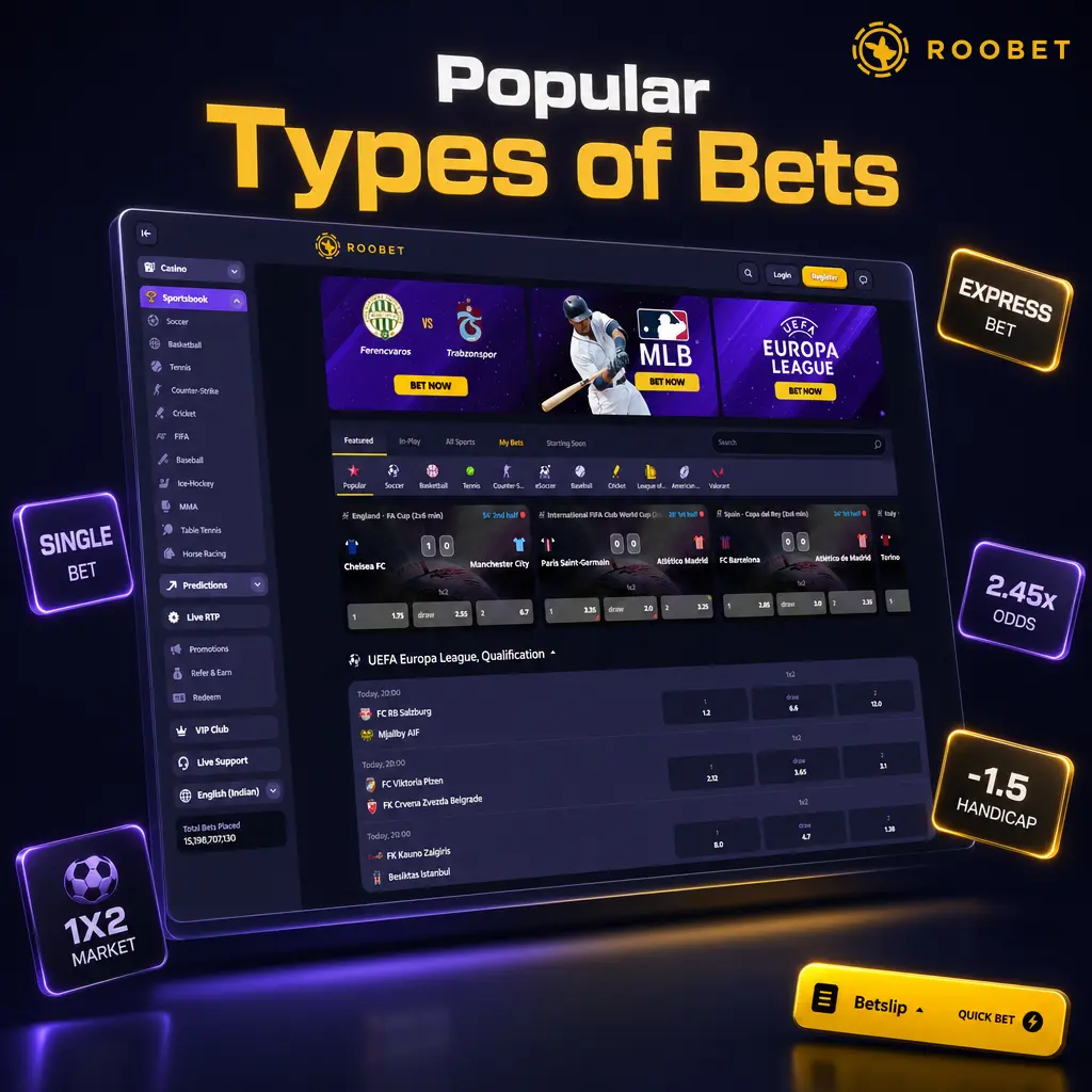 Popular bet types on Roobet: Single, Express, System, Handicap, and Live bets explained for smarter wagering strategies.