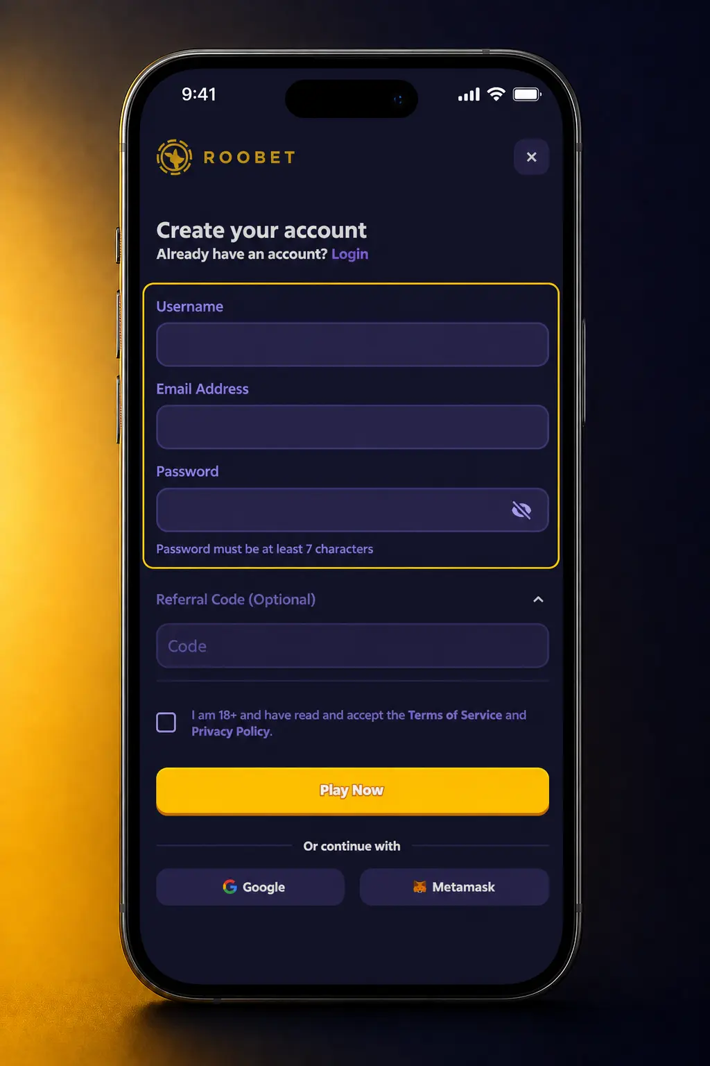Roobet sign up form showing 5-step registration process with email, currency selection, and username setup