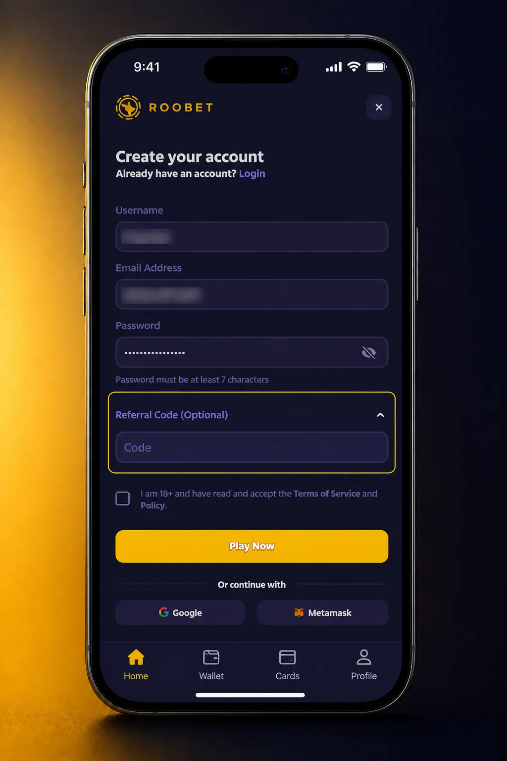 Step-by-step Roobet sign up screenshot showing 5 quick registration steps to create a casino and sportsbook account.