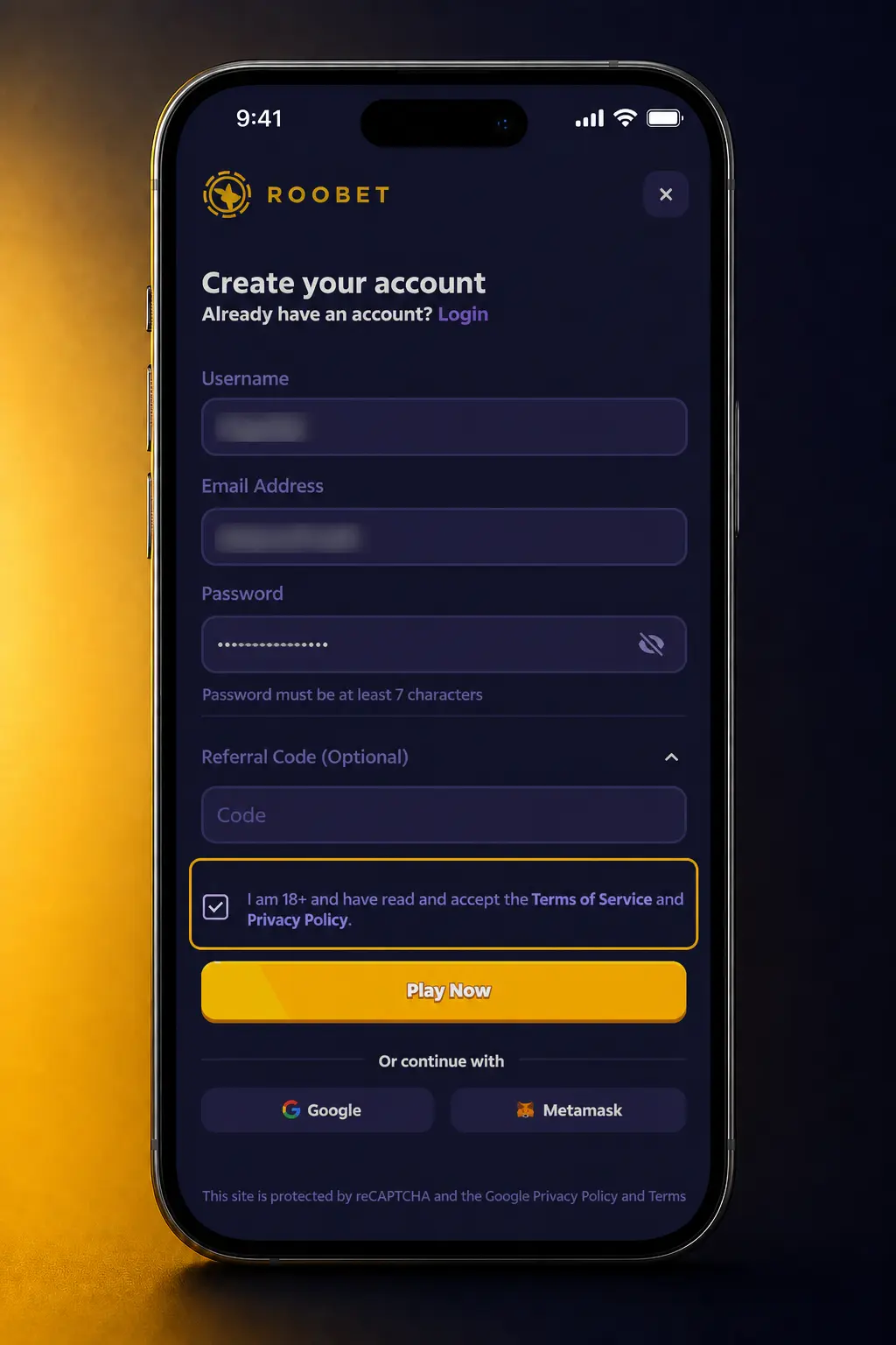 Step-by-step Roobet sign up guide showing account registration form with email, currency, and username setup options.