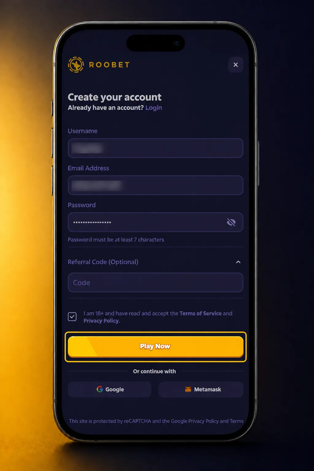 Roobet sign up form showing 5-step registration process with email, currency, and username setup