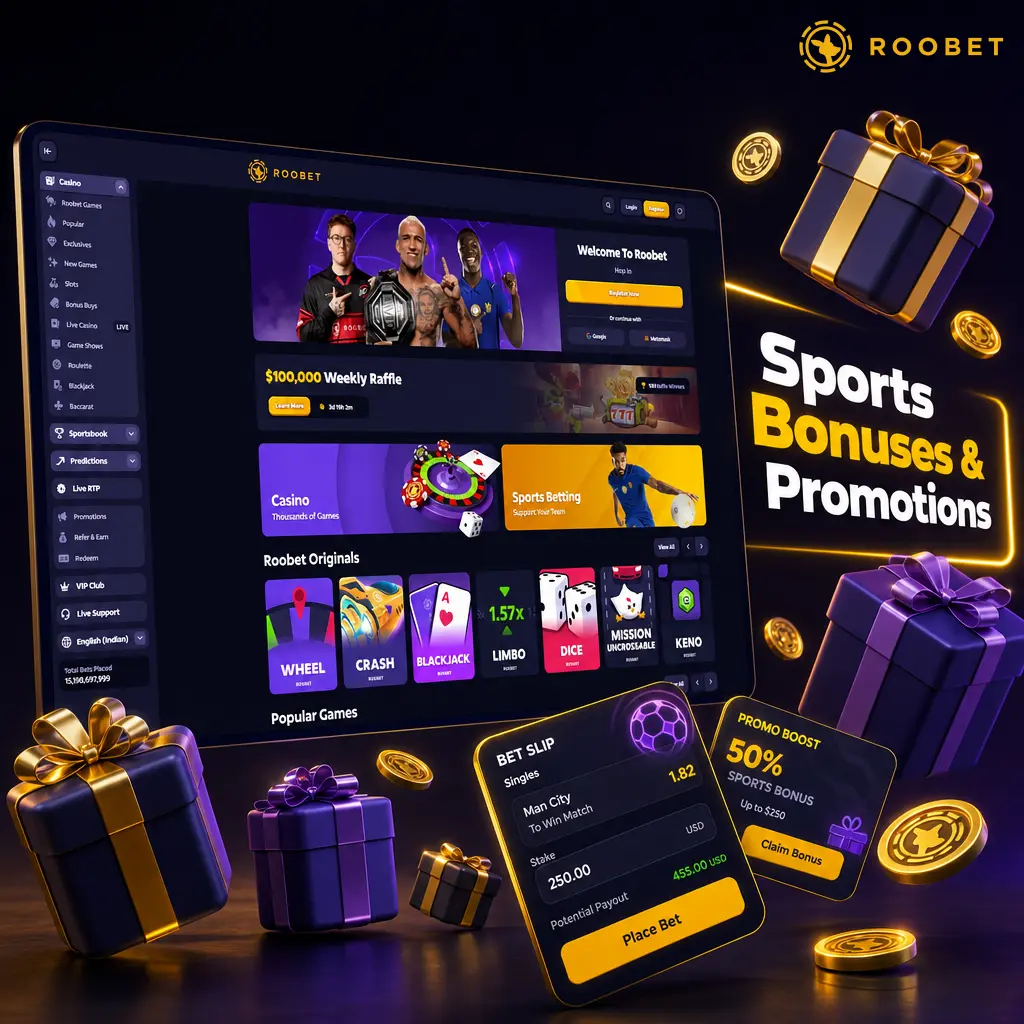 Roobet sports bonuses: welcome offer up to 500 USDT, daily rakeback, weekly reload, VIP tiers, and referral rewards.