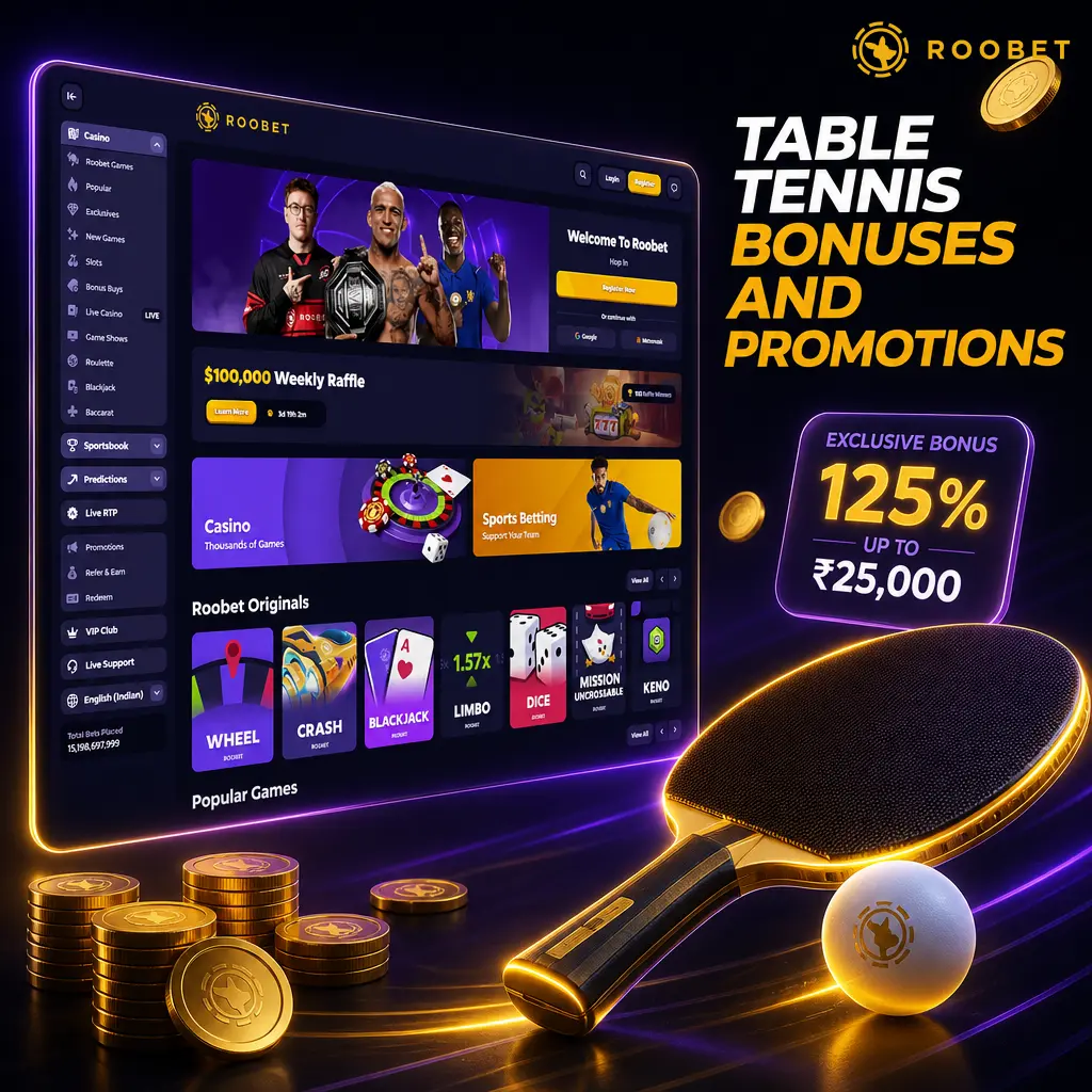 Roobet table tennis bonuses: welcome offer, wagering terms, and WTT Series and Olympic profit boosts during major tournaments.