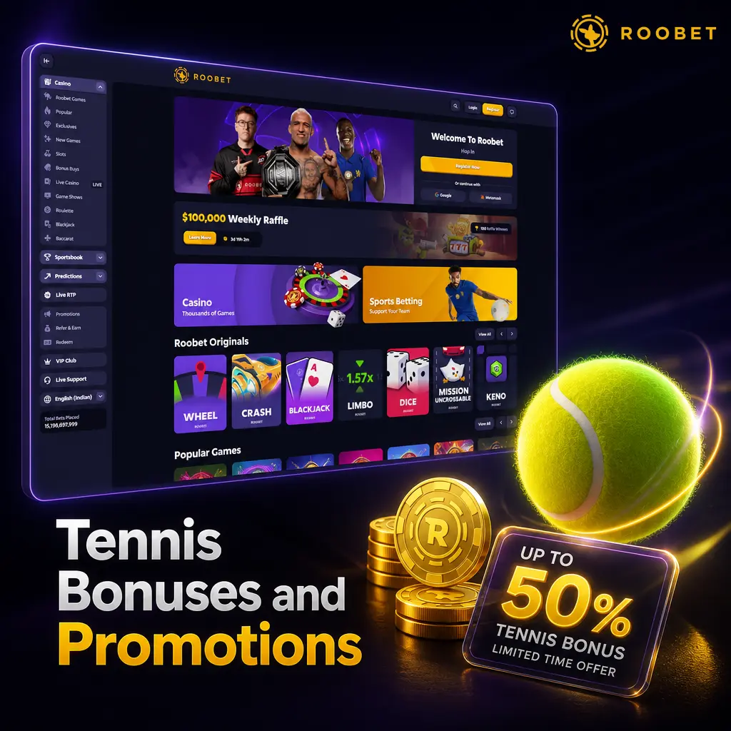 Roobet tennis betting bonuses: Rooby Rewards points, VIP rakeback, races, and giveaways for sportsbook wagering.