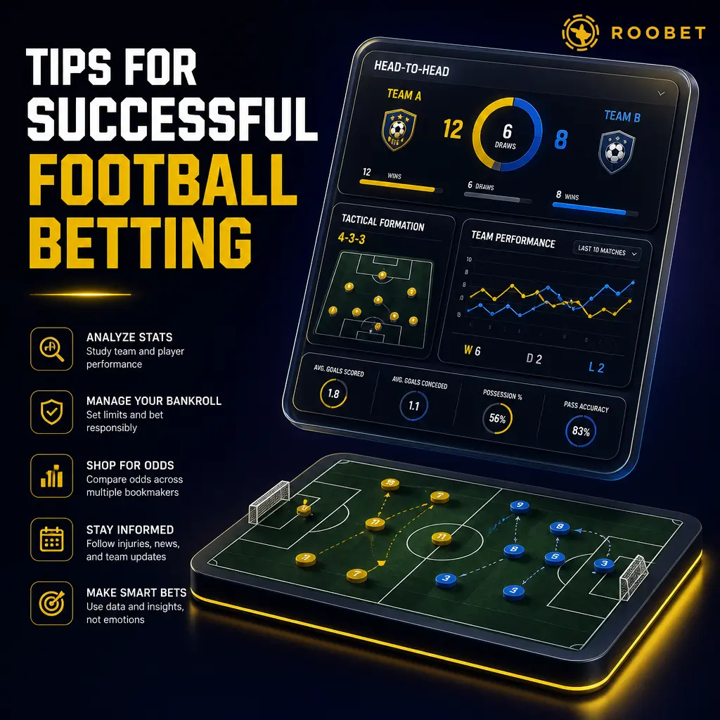 Football betting tips: analyse form, squad depth, and conditions using Roobet's live stats and odds for smarter wagers.
