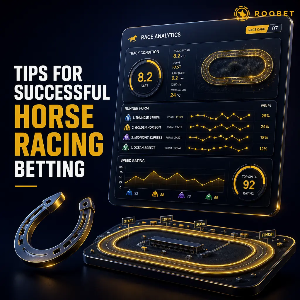 Tips for successful horse racing betting: form analysis, track conditions, bankroll management and Roobet's responsible betting tools.