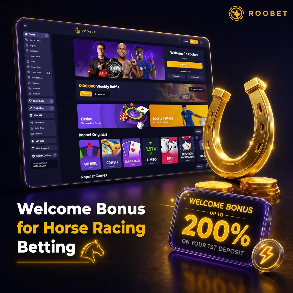 Roobet welcome bonus: 100% deposit match up to 100 USDT for horse racing betting on win, place and exacta wagers.