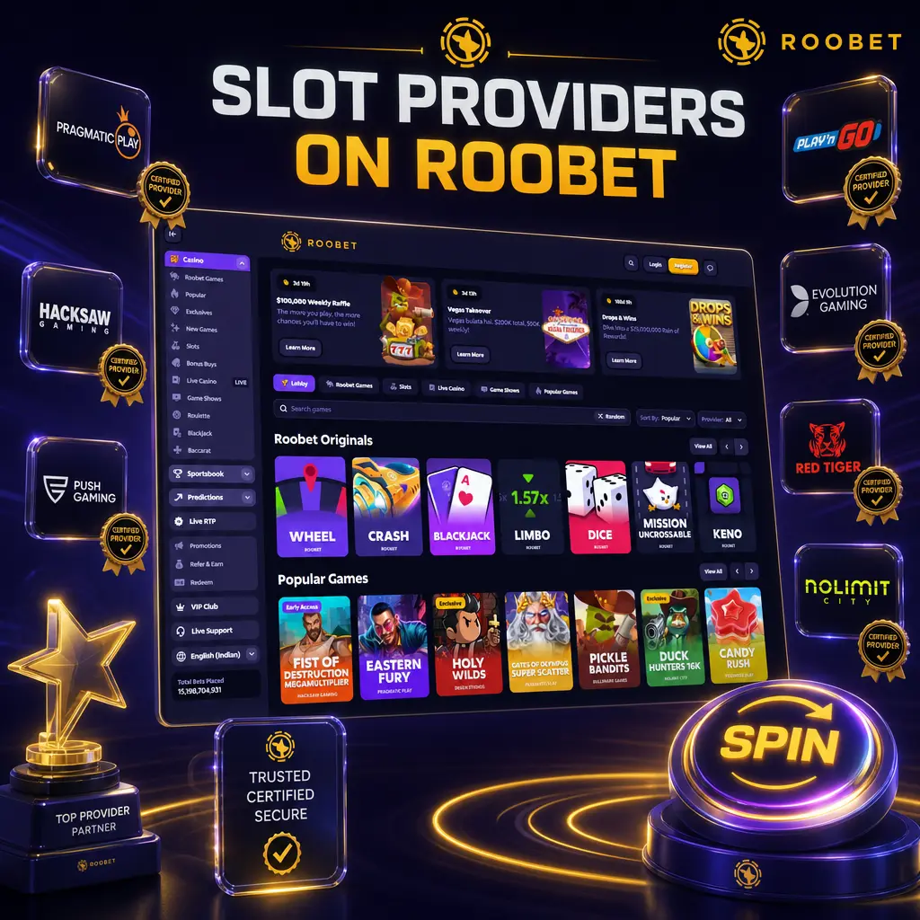 Slot providers on Roobet including Pragmatic Play, Hacksaw Gaming, Nolimit City, Relax Gaming, BGaming, Evoplay and Print Studios.