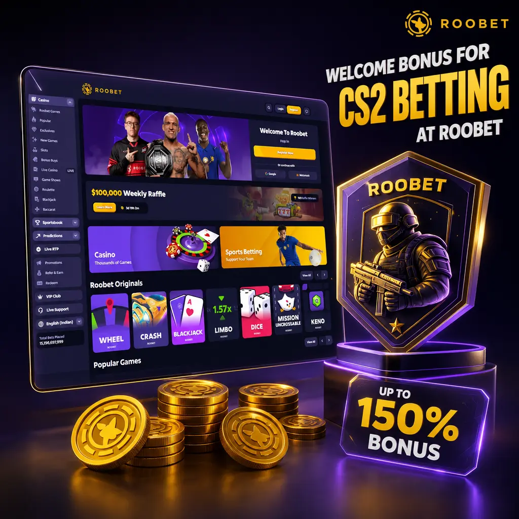Roobet welcome bonus for CS2 betting: 100% deposit match up to 500 USDT for new players who sign up and deposit crypto.