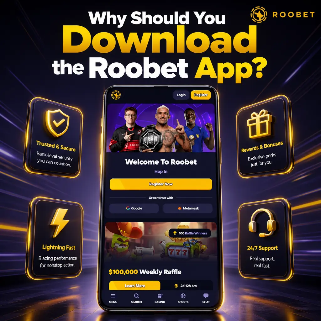 Roobet app interface showing faster load times, biometric login, and quick shortcuts to Crash and Plinko games